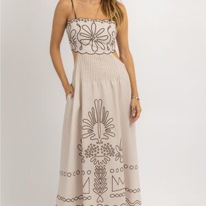 Commense Cream and Brown Floral Pattern Cut Out Maxi Dress neutral Euro chic